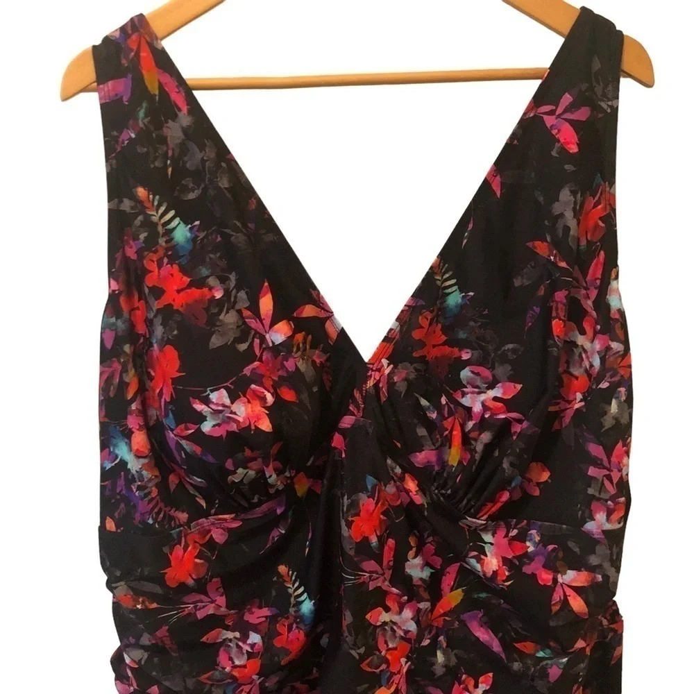 Torrid Floral Swimdress 6X/30 Black Coral Violet Halter Top Inner Bra Skirted
